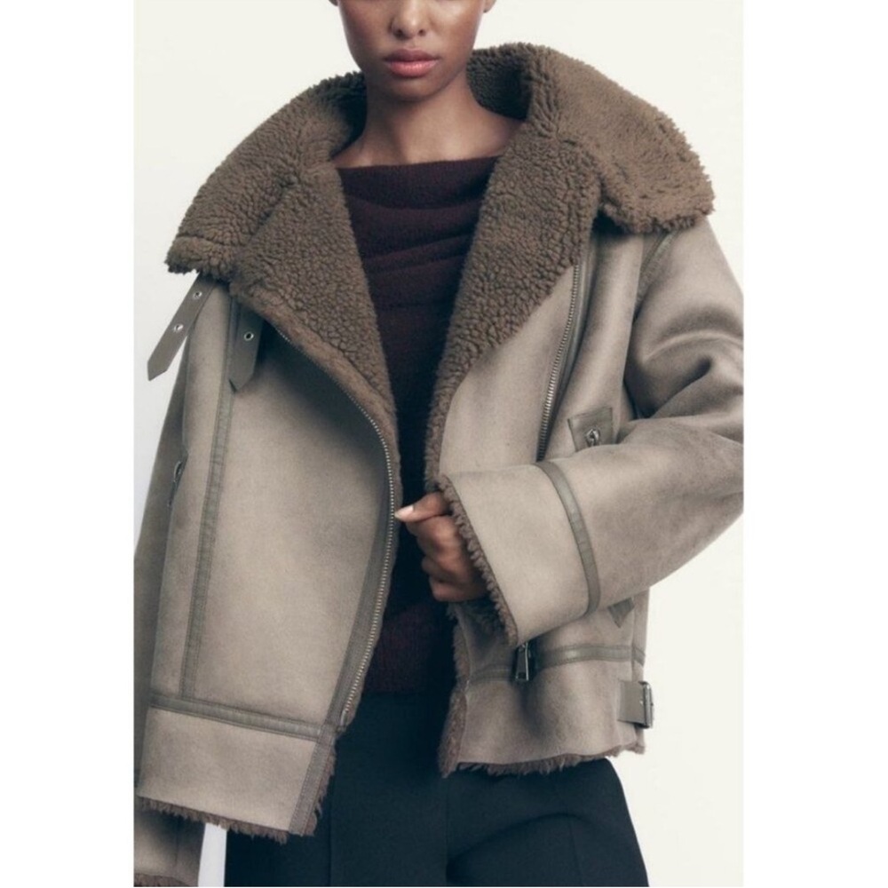Zara Taupe Shearling-Trim Bomber Jacket